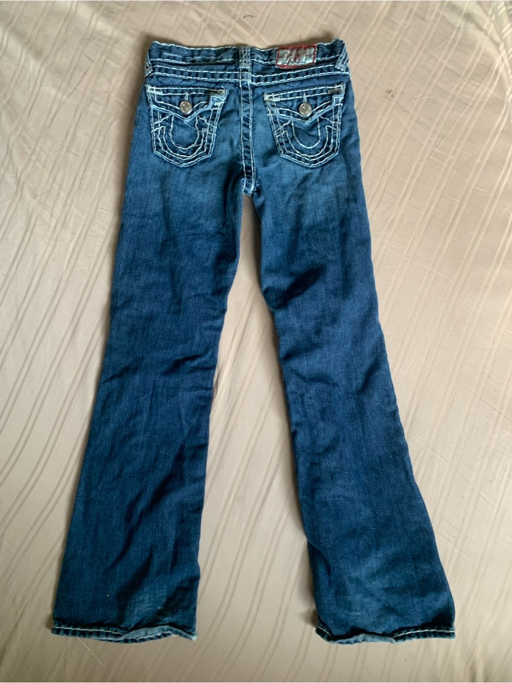 True Religion Women's Dark Blue Flare Jeans with White Contrast Stitching